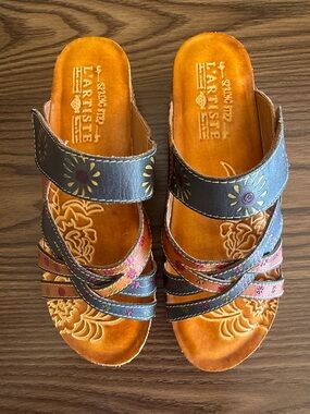 Spring Step L’Artiste Kaxanne Slip-on Leather Sandals Tan/Navy size 38/7.5-8